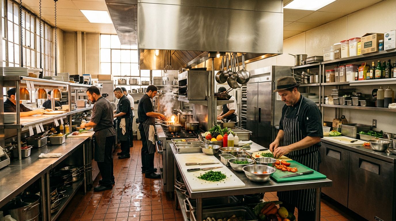 Busy commercial restaurant kitchen with stainless steel prep stations and shelving